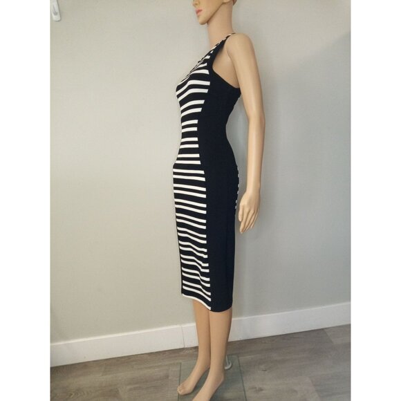 Urban Rose Black White Striped Midi Dress Size Medium - Picture 2 of 6